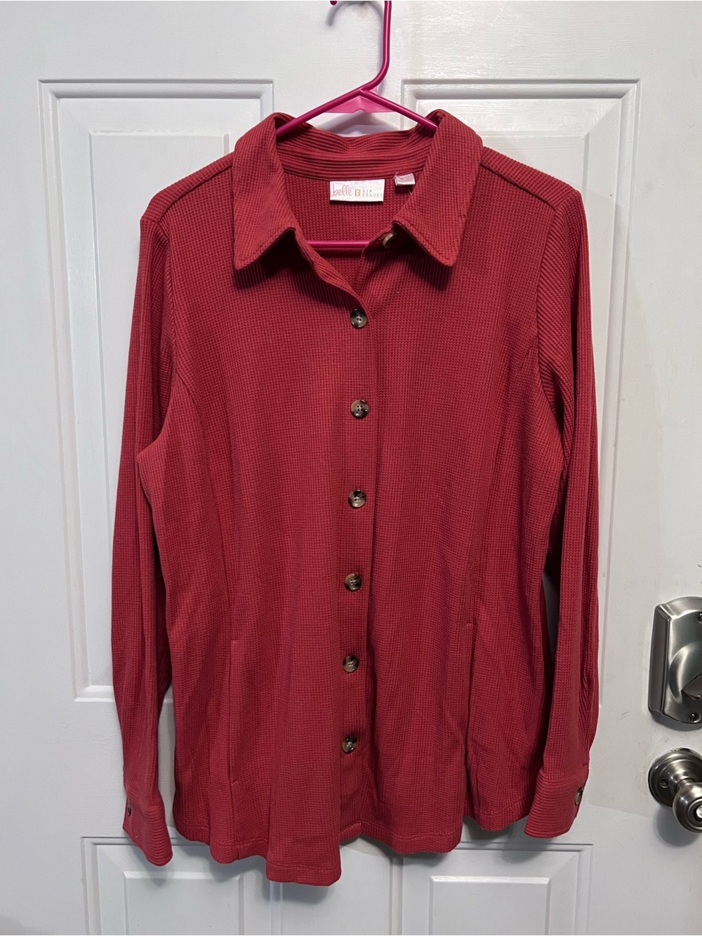 Belle by Kim Gravel L Waffle Knit Button Front Top Sangria Red Cotton Blend